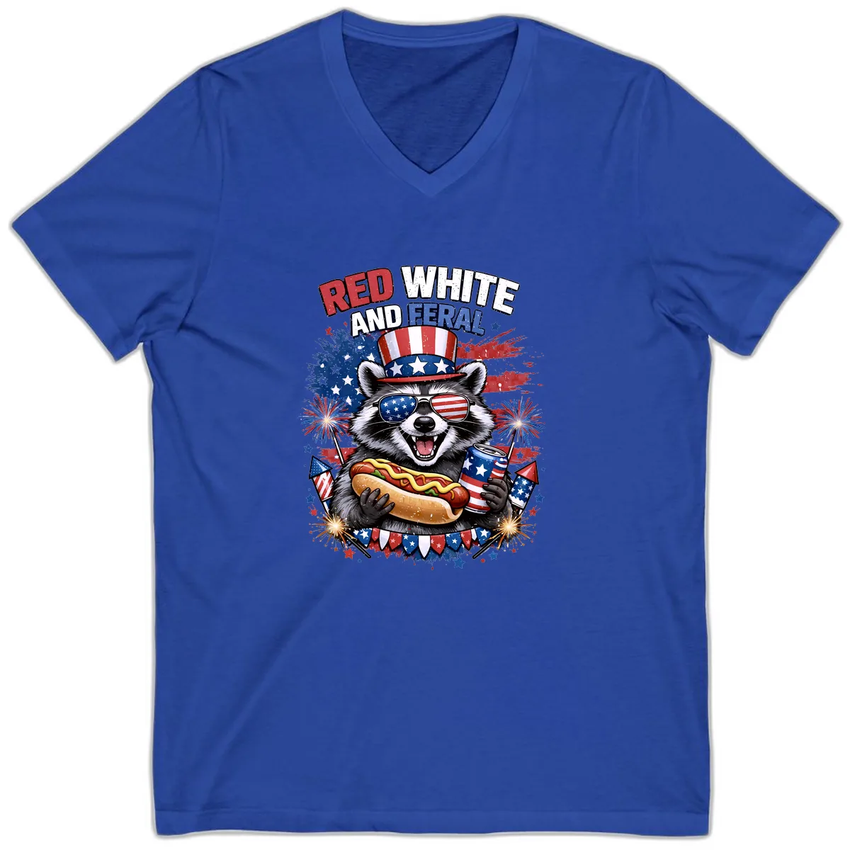 Red White and Feral Raccoon Patriotic Celebration V-Neck in True Royal
