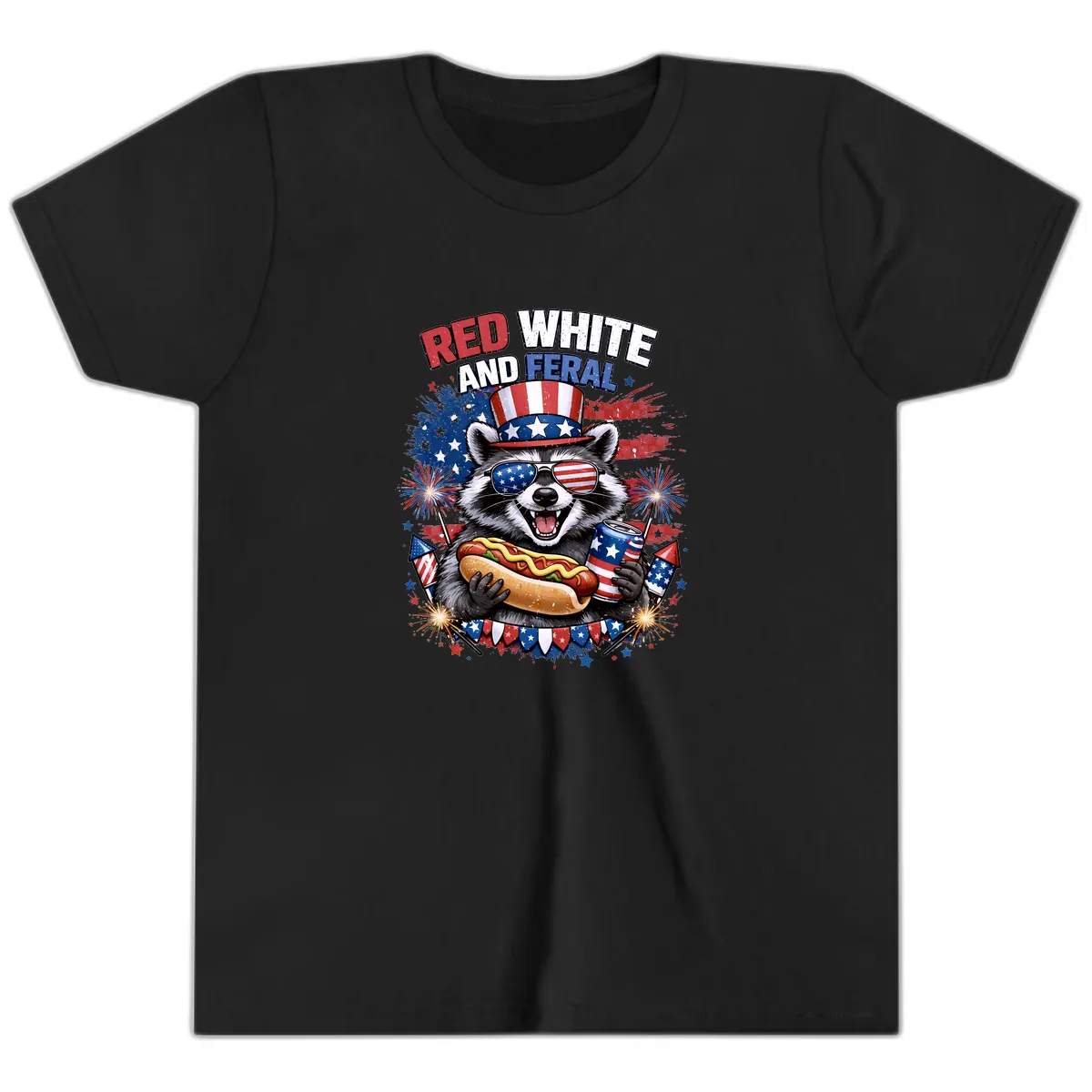 Red White and Feral Raccoon Patriotic Celebration Youth T-Shirt in Black