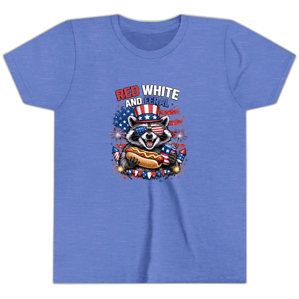 Red White and Feral Raccoon Patriotic Celebration Youth T-Shirt in Heather Columbia Blue