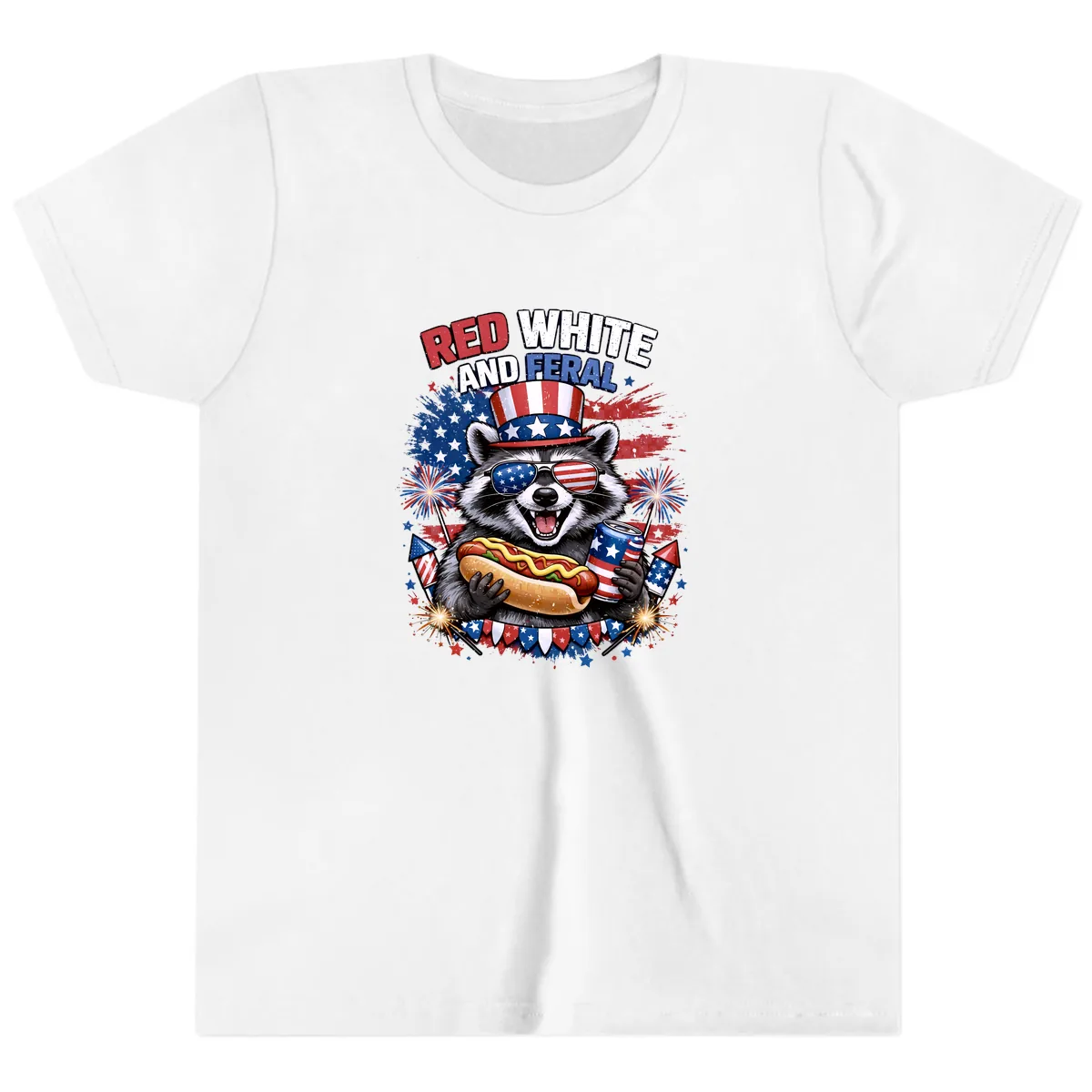 Red White and Feral Raccoon Patriotic Celebration Youth T-Shirt in White