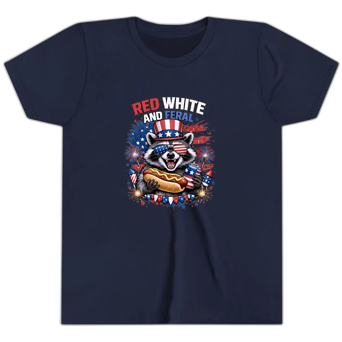 Red White and Feral Raccoon Patriotic Celebration Youth T-Shirt in Navy