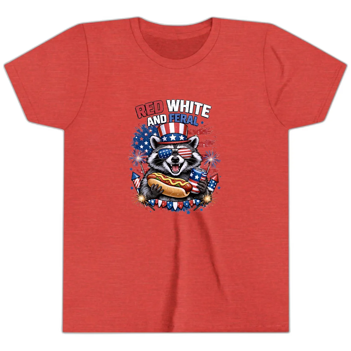 Red White and Feral Raccoon Patriotic Celebration Youth T-Shirt in Heather Red