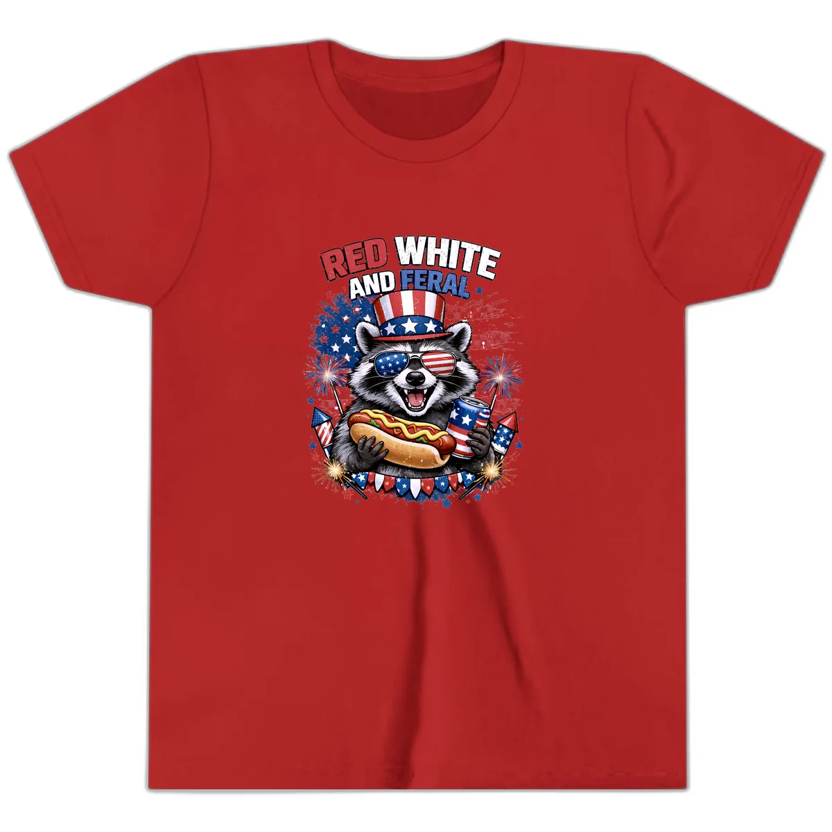 Red White and Feral Raccoon Patriotic Celebration Youth T-Shirt in Red