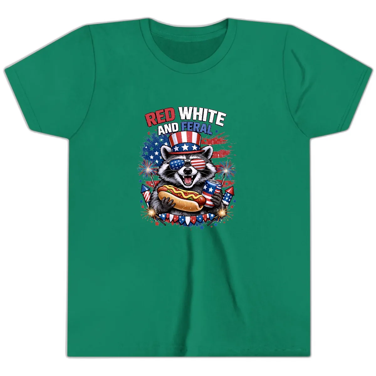 Red White and Feral Raccoon Patriotic Celebration Youth T-Shirt in Kelly
