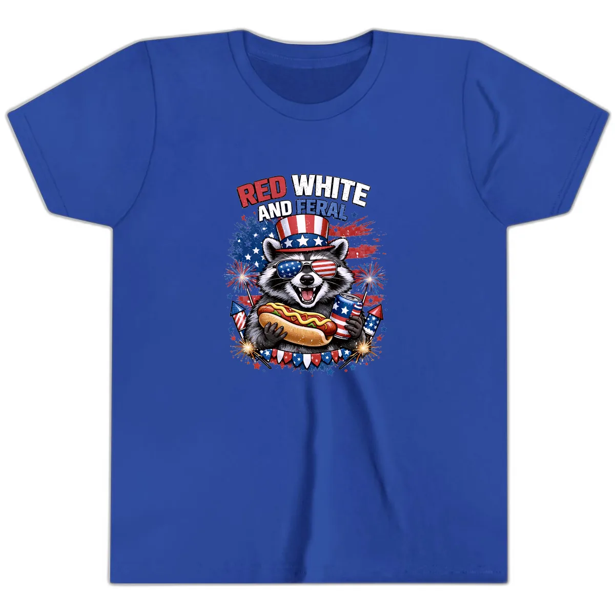 Red White and Feral Raccoon Patriotic Celebration Youth T-Shirt in True Royal