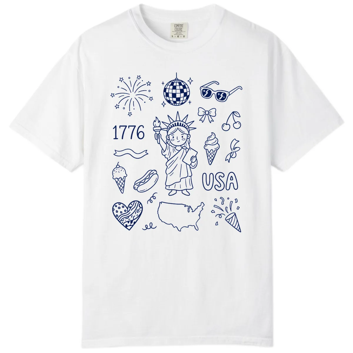 Patriotic Celebration Doodles with Lady Liberty Comfort Color in White