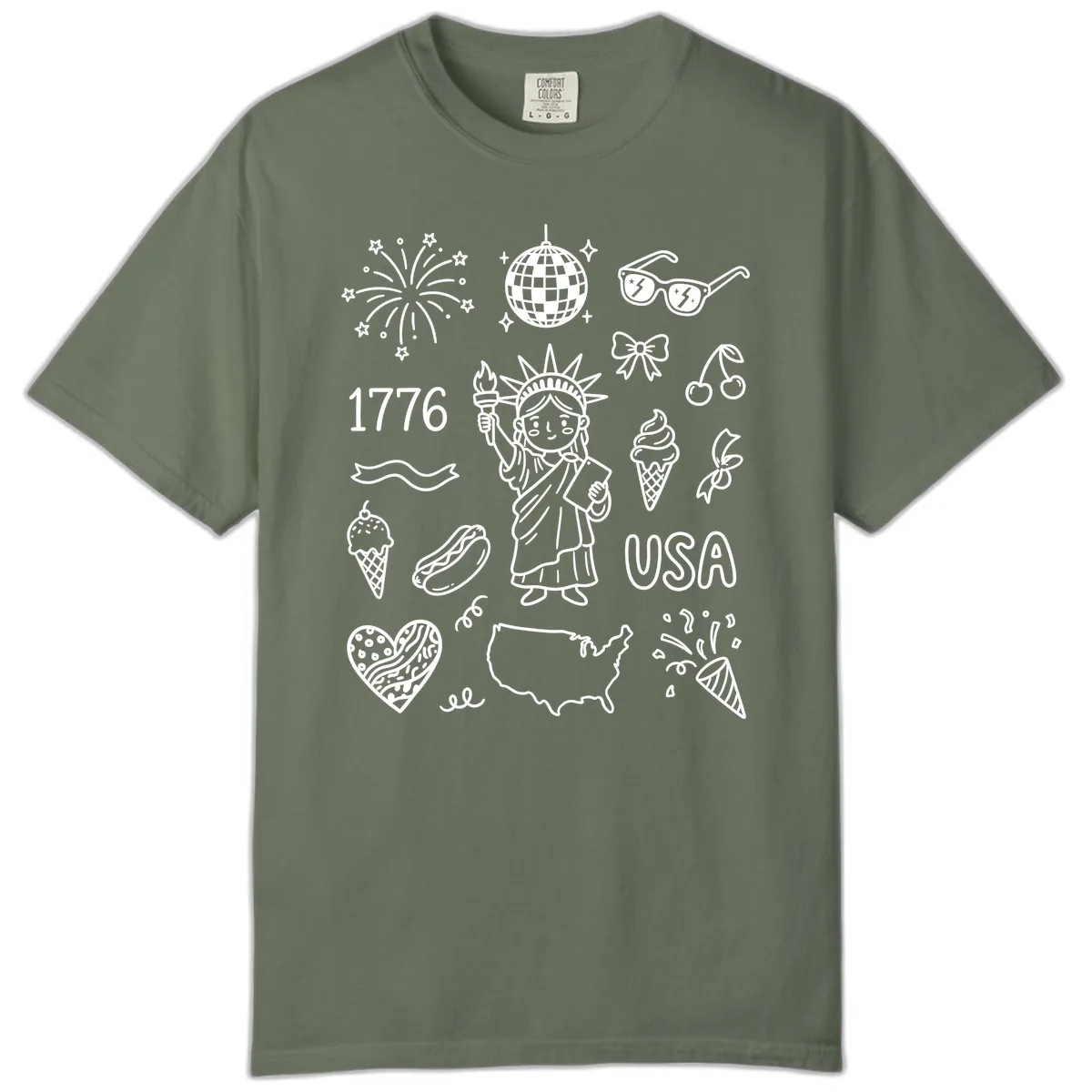 Patriotic Celebration Doodles with Lady Liberty Comfort Color in Moss