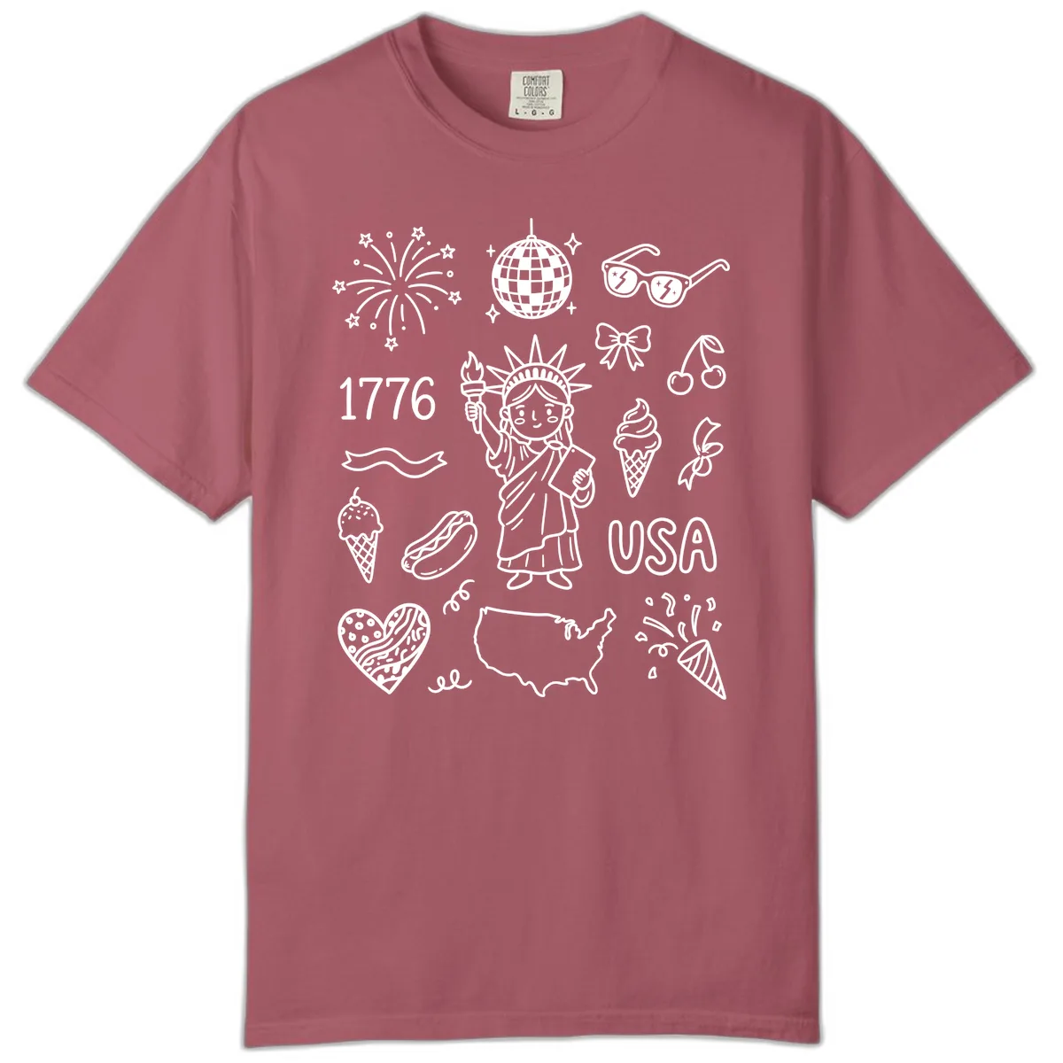 Patriotic Celebration Doodles with Lady Liberty Comfort Color in Crimson