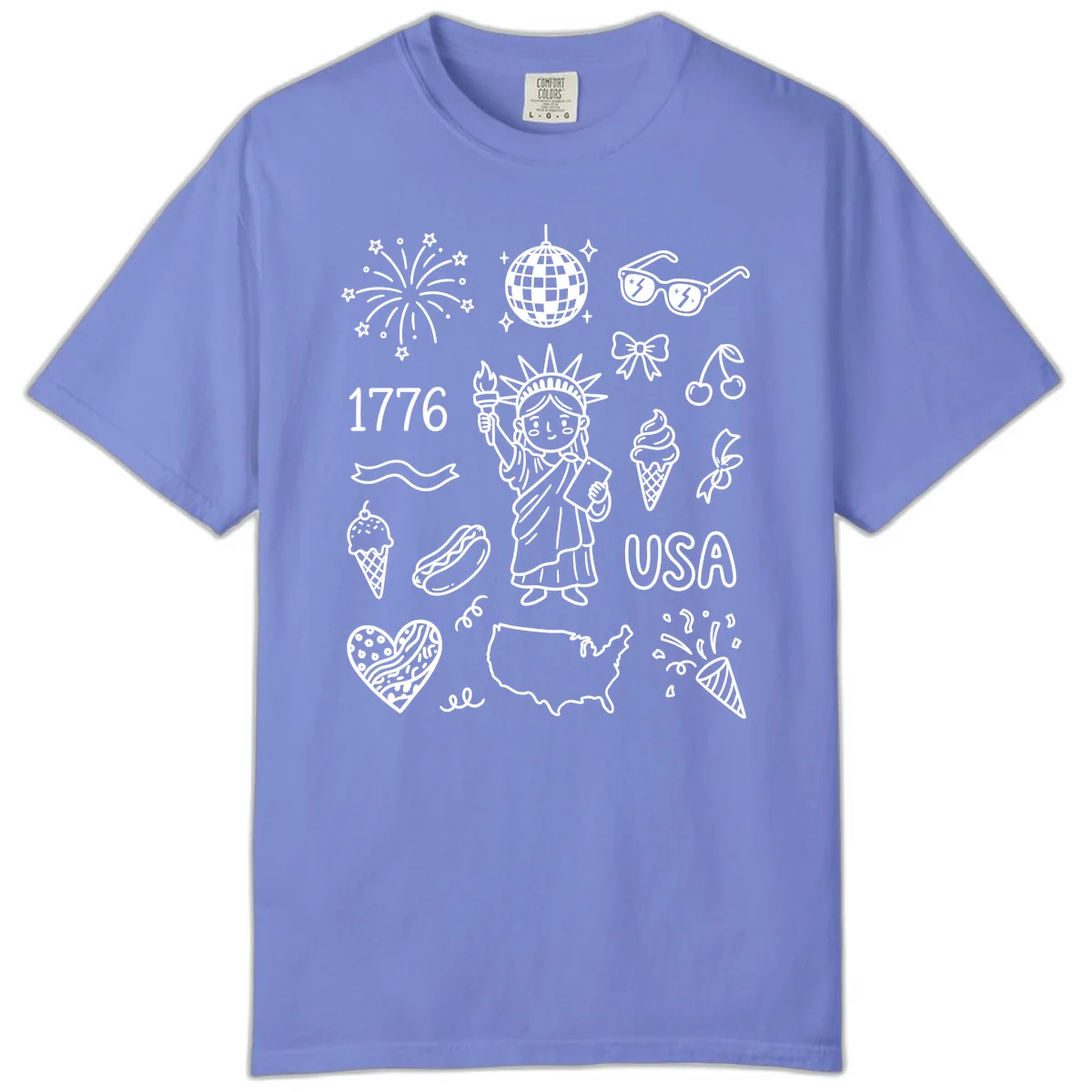 Patriotic Celebration Doodles with Lady Liberty Comfort Color in Flo Blue
