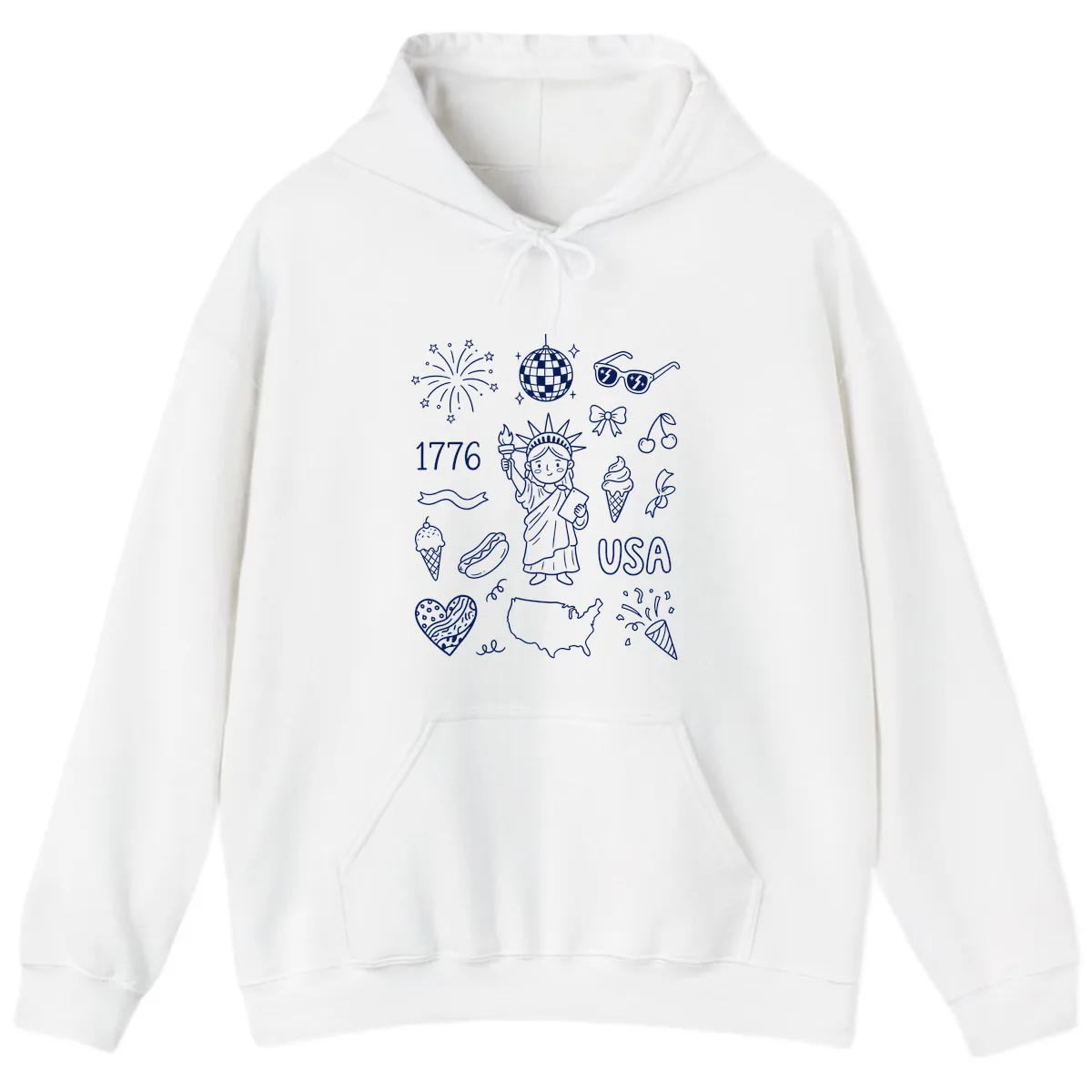 Patriotic Celebration Doodles with Lady Liberty Hoodie in White