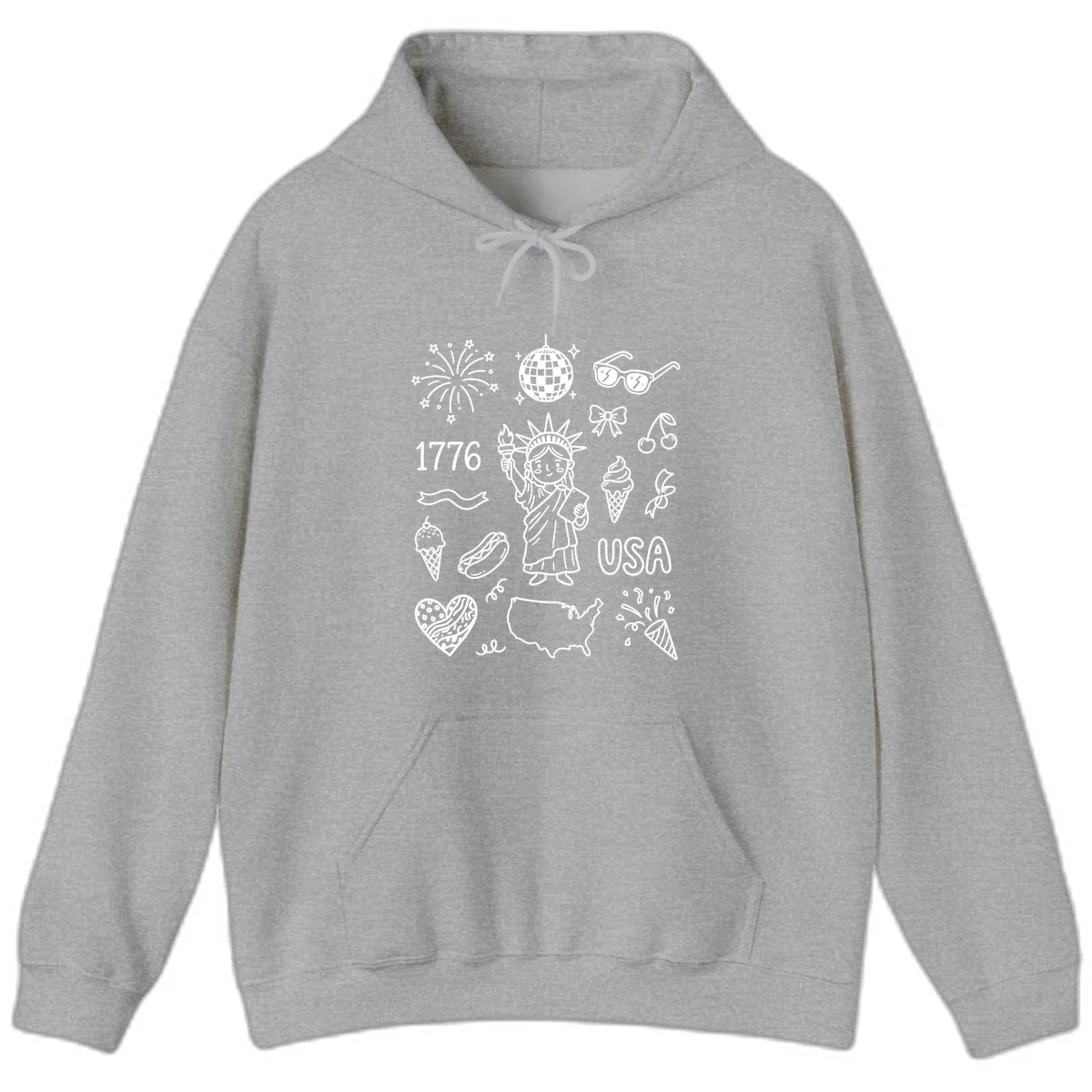 Patriotic Celebration Doodles with Lady Liberty Hoodie in Sport Grey