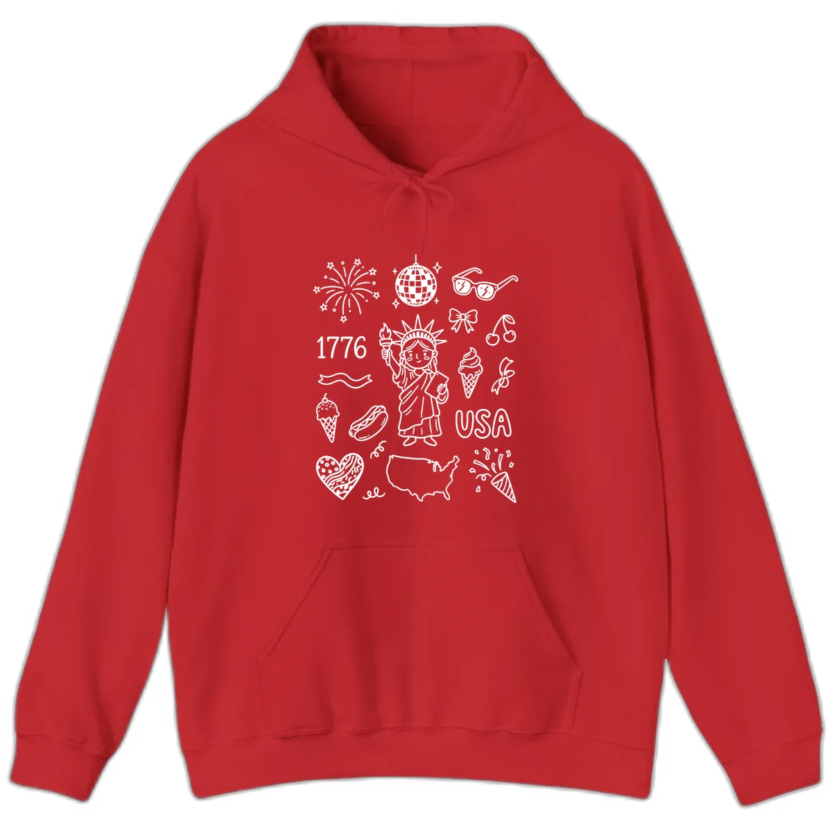 Patriotic Celebration Doodles with Lady Liberty Hoodie in Red