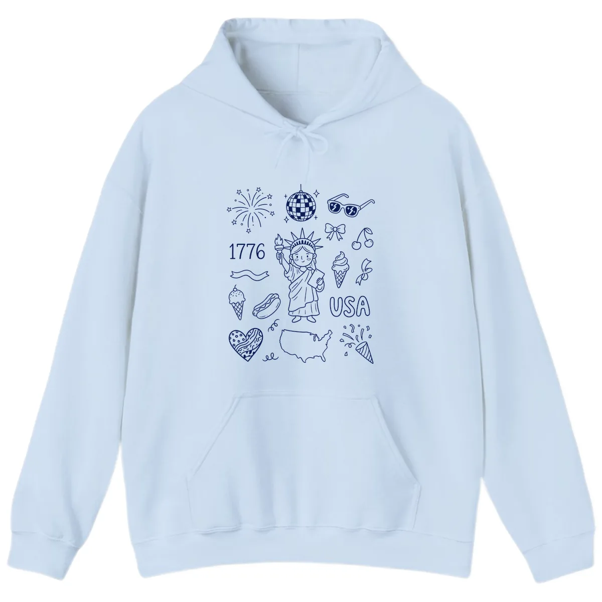 Patriotic Celebration Doodles with Lady Liberty Hoodie in Light Blue