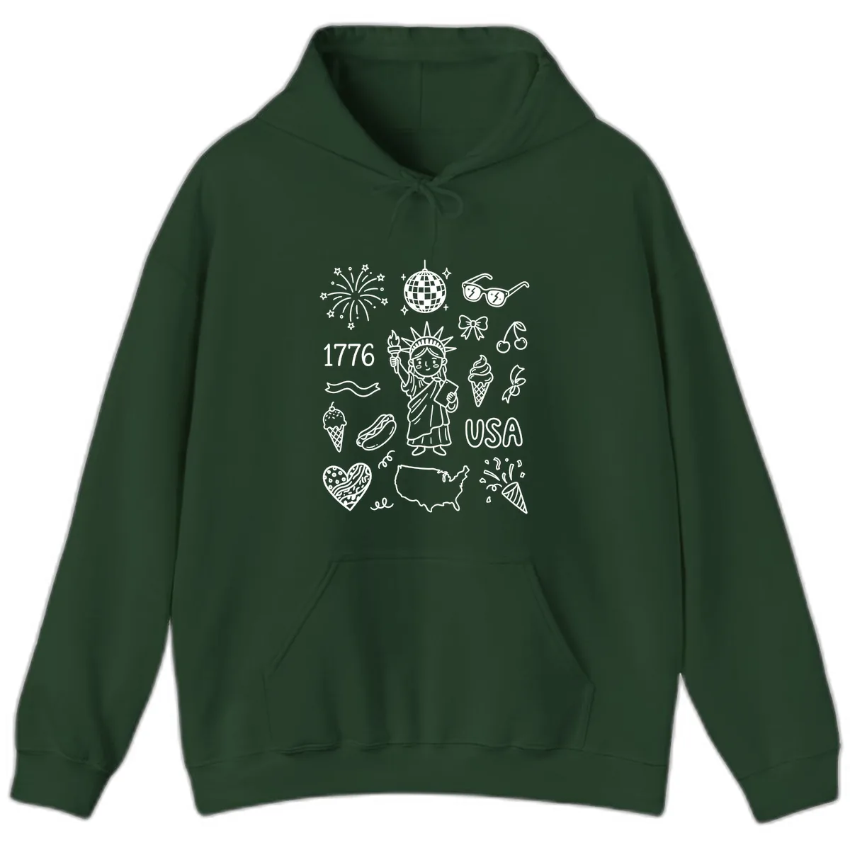 Patriotic Celebration Doodles with Lady Liberty Hoodie in Forest Green
