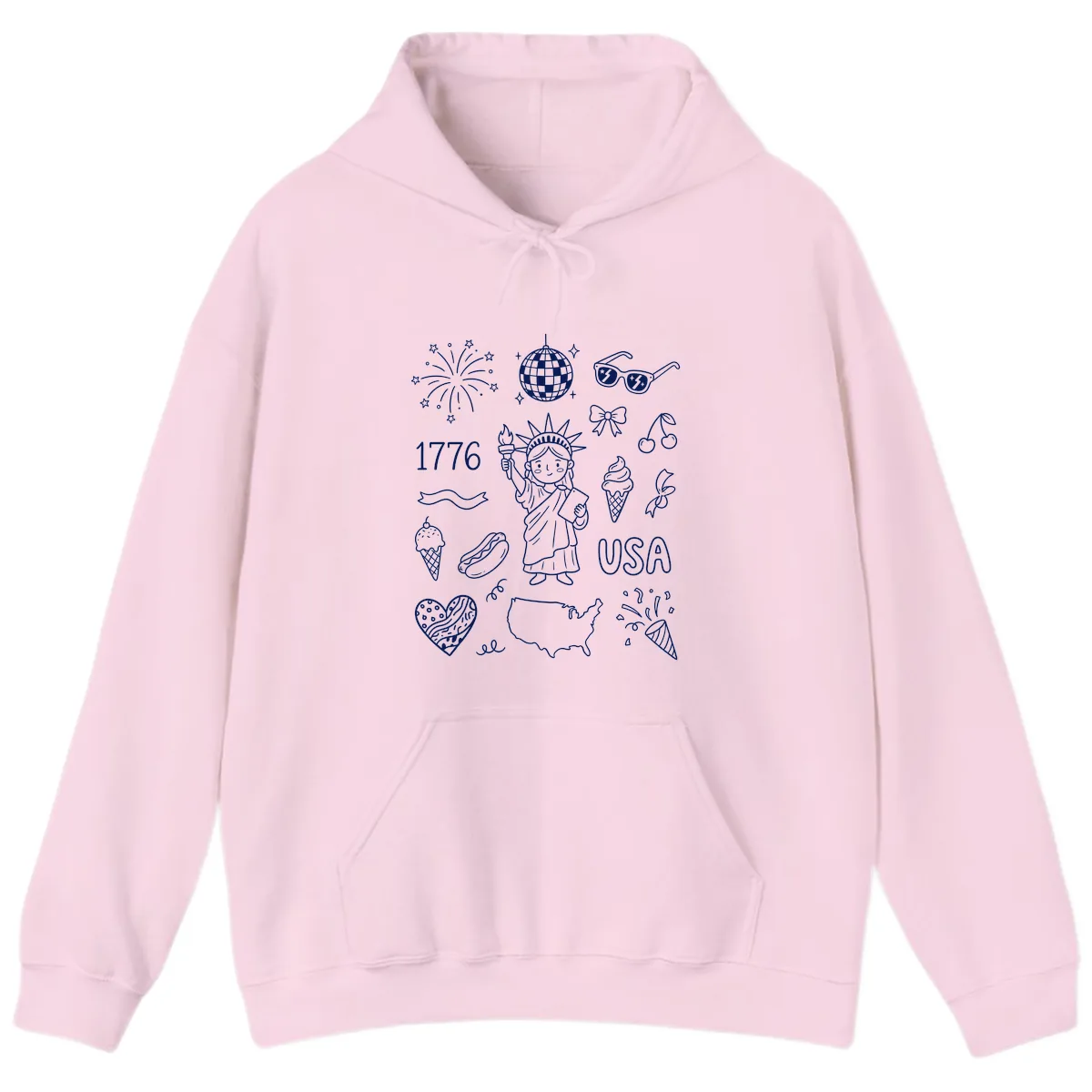 Patriotic Celebration Doodles with Lady Liberty Hoodie in Light Pink