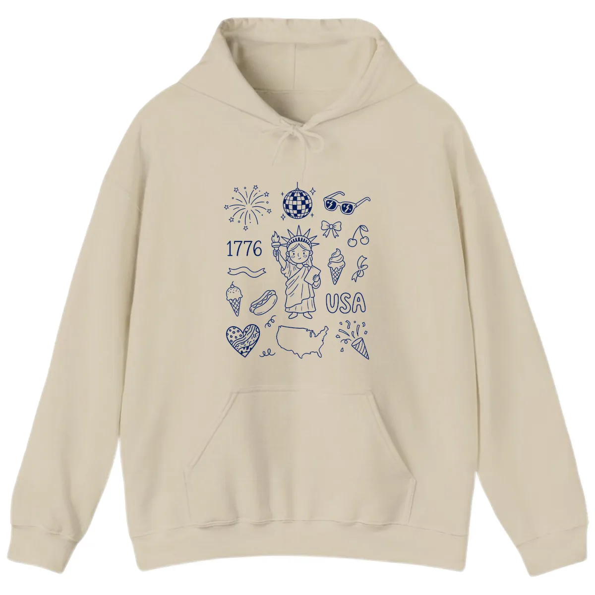 Patriotic Celebration Doodles with Lady Liberty Hoodie in Sand