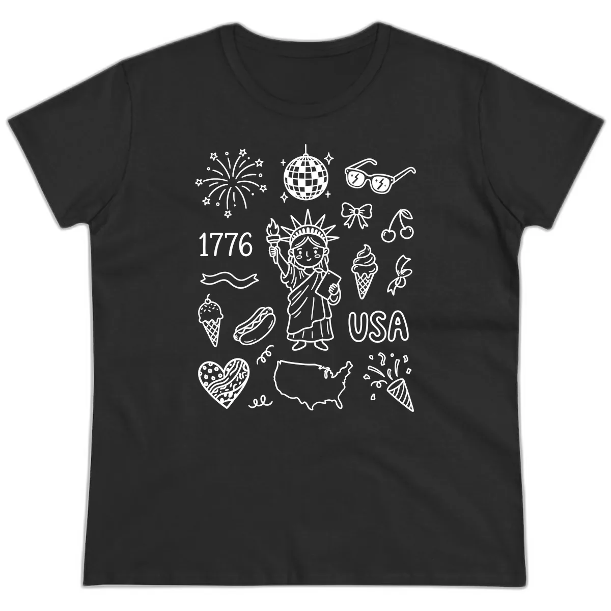 Patriotic Celebration Doodles with Lady Liberty Ladies Tee in Black