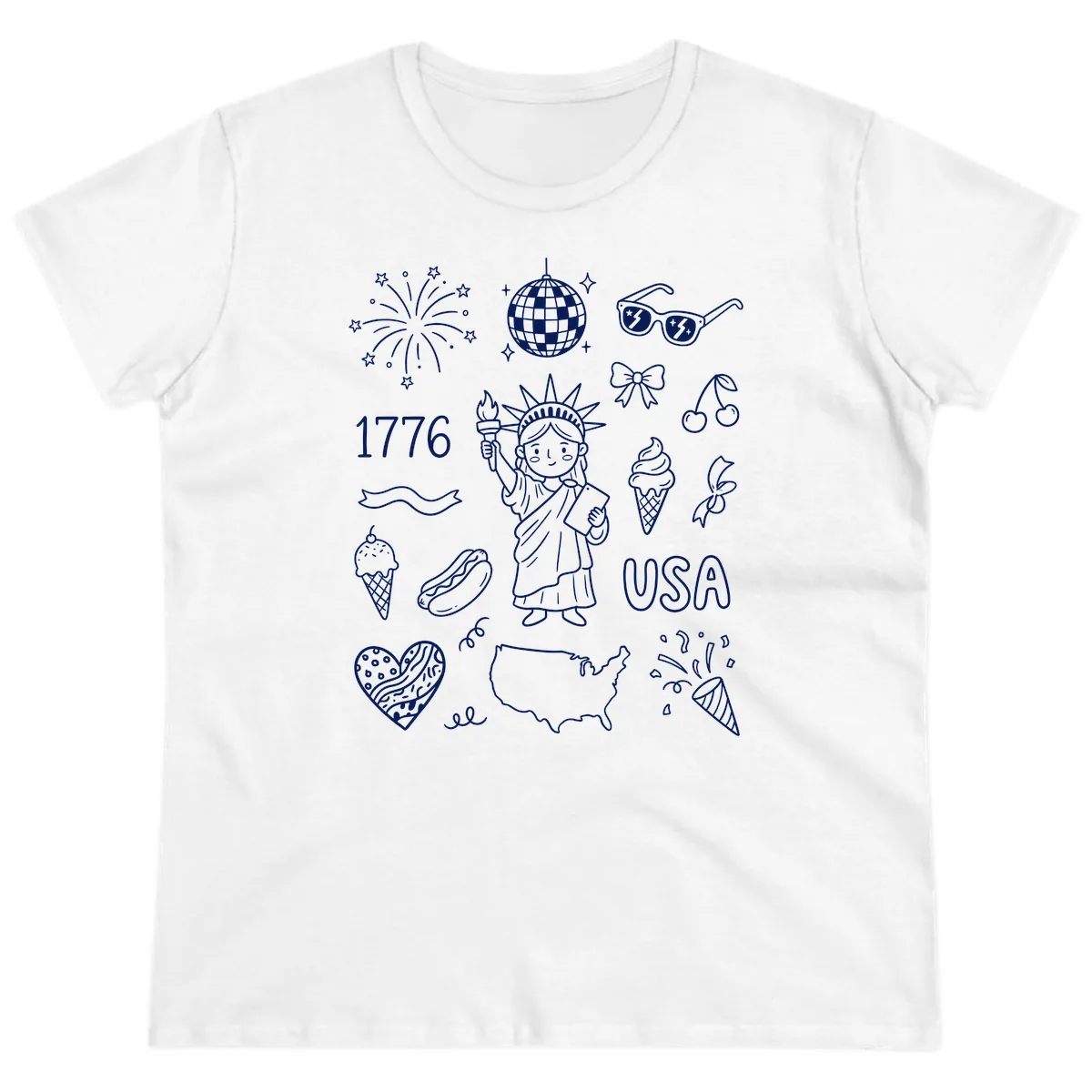Patriotic Celebration Doodles with Lady Liberty Ladies Tee in White