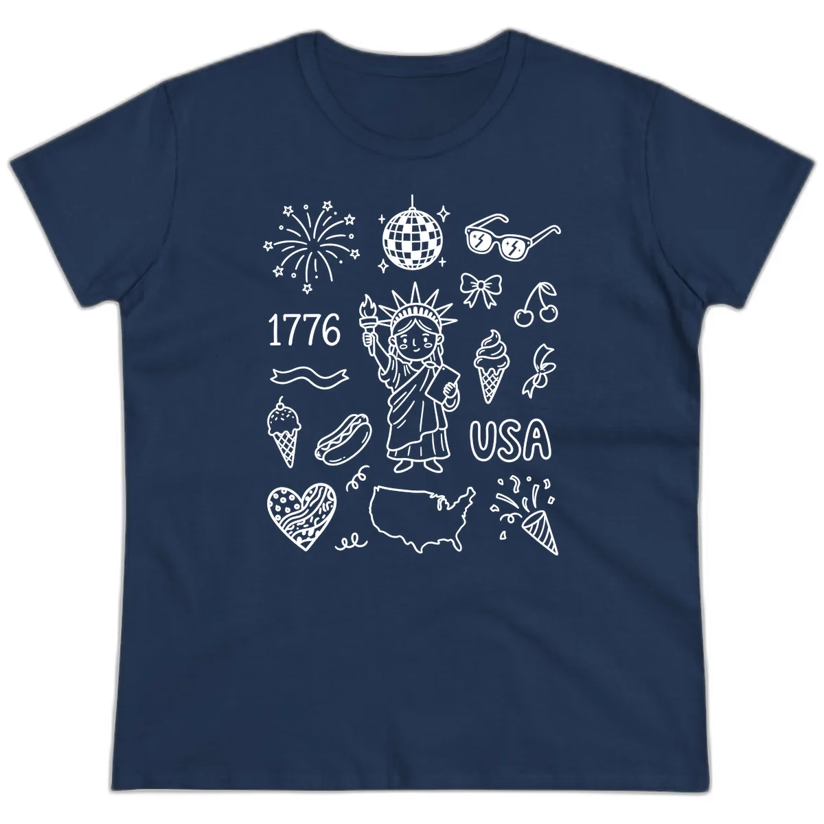 Patriotic Celebration Doodles with Lady Liberty Ladies Tee in Navy