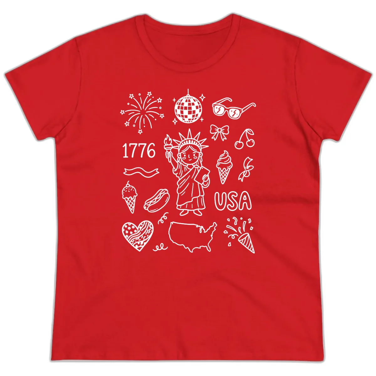 Patriotic Celebration Doodles with Lady Liberty Ladies Tee in Red