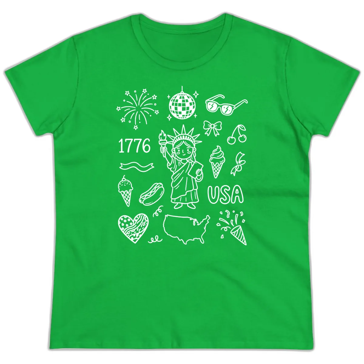 Patriotic Celebration Doodles with Lady Liberty Ladies Tee in Irish Green