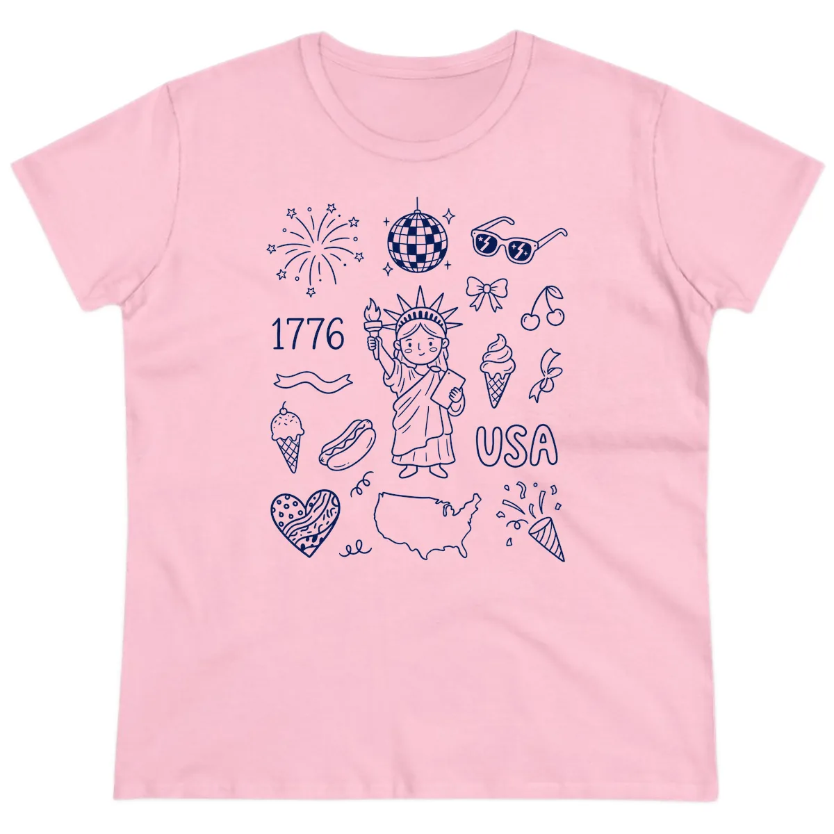 Patriotic Celebration Doodles with Lady Liberty Ladies Tee in Light Pink
