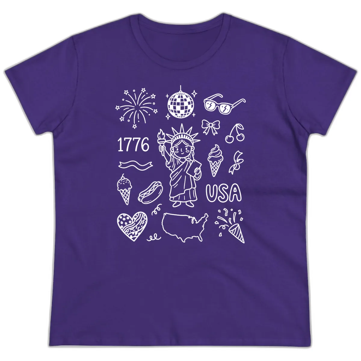 Patriotic Celebration Doodles with Lady Liberty Ladies Tee in Purple