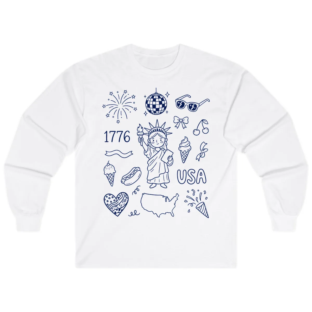 Patriotic Celebration Doodles with Lady Liberty Long Sleeve in White