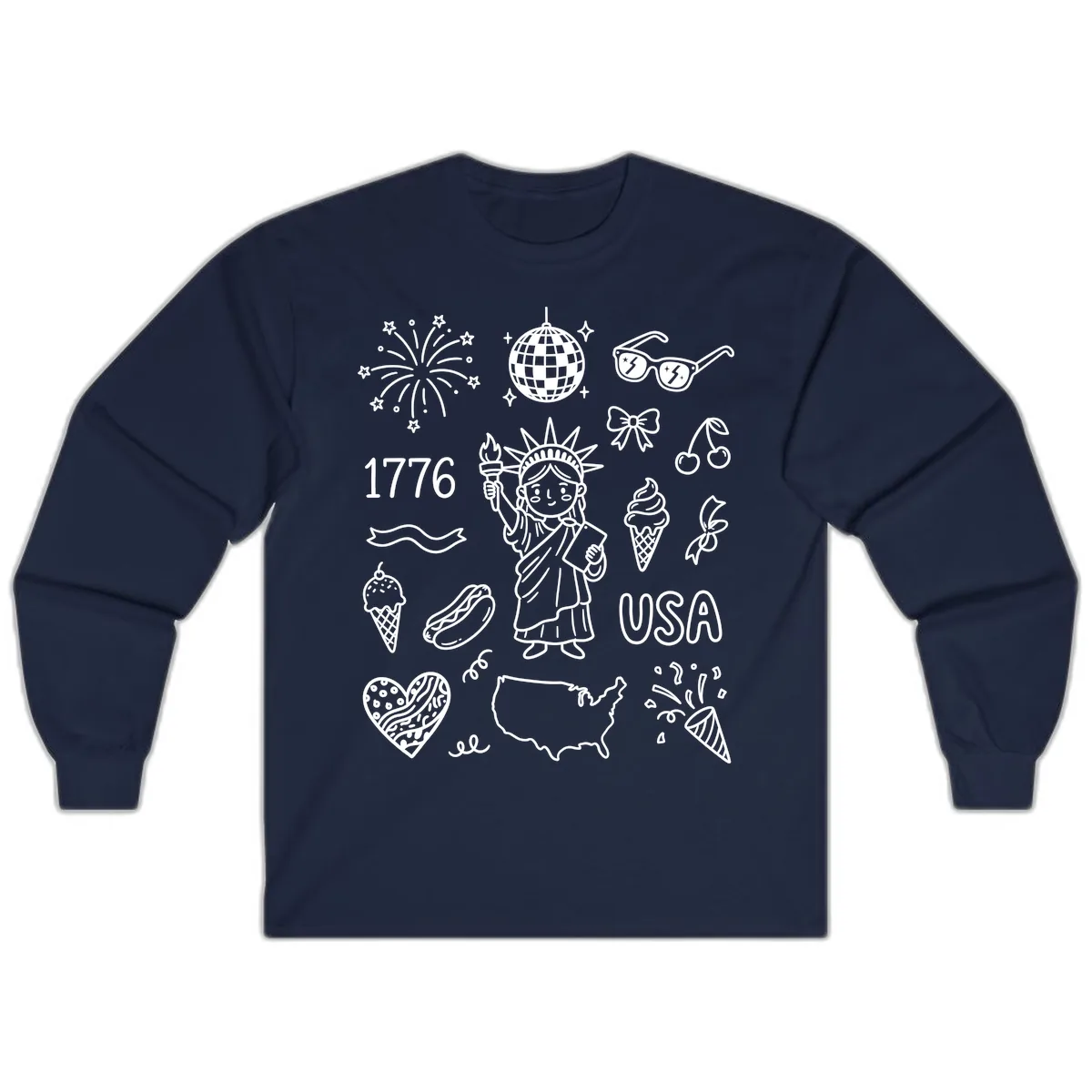 Patriotic Celebration Doodles with Lady Liberty Long Sleeve in Navy