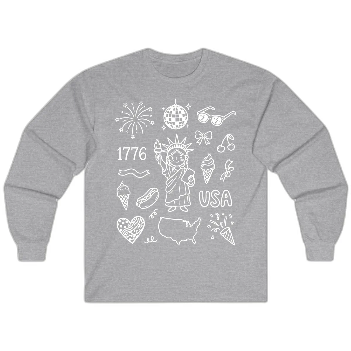 Patriotic Celebration Doodles with Lady Liberty Long Sleeve in Sport Grey
