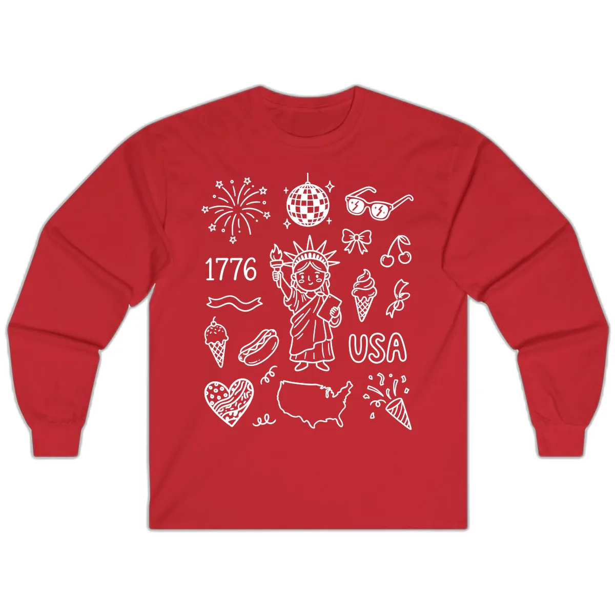 Patriotic Celebration Doodles with Lady Liberty Long Sleeve in Red