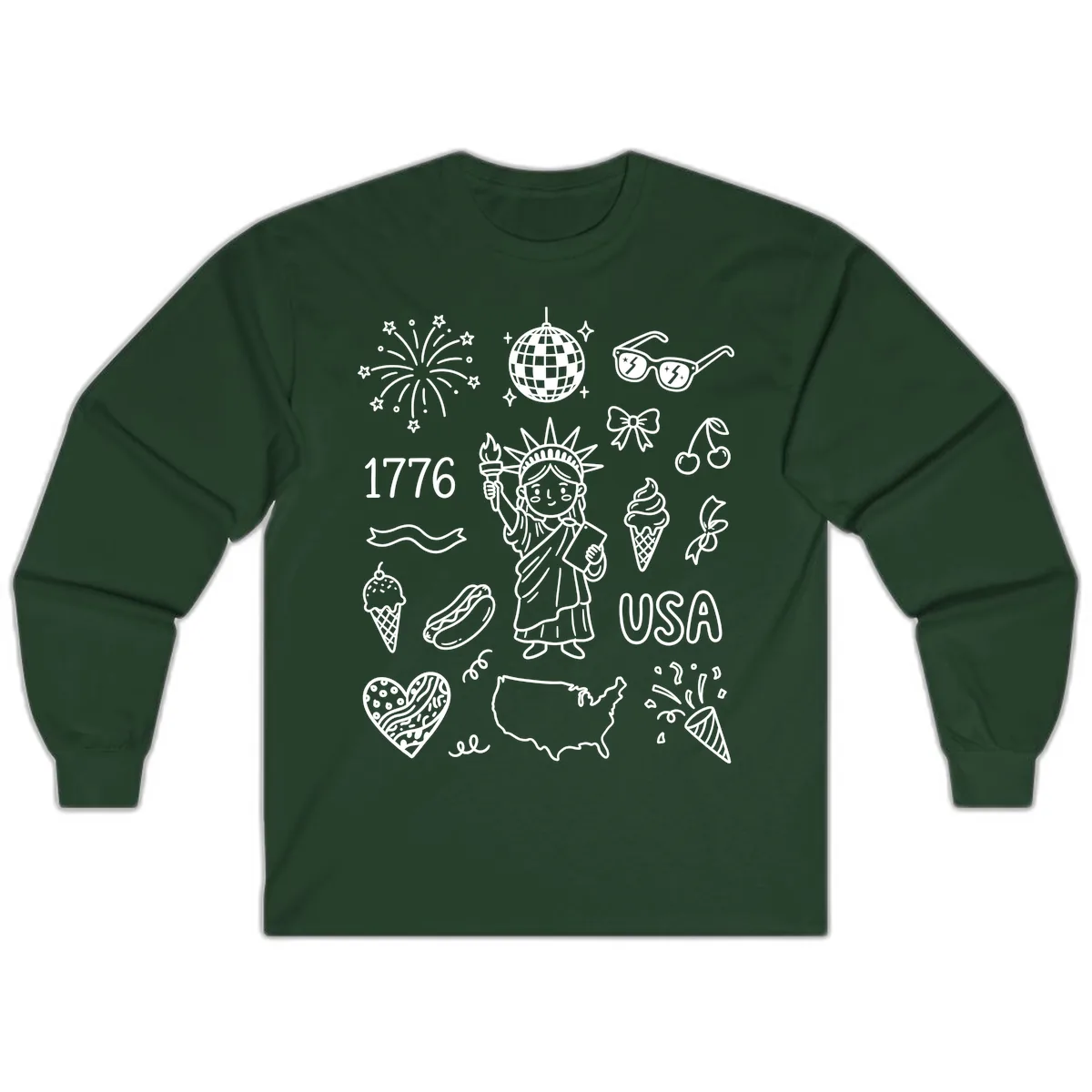Patriotic Celebration Doodles with Lady Liberty Long Sleeve in Forest Green
