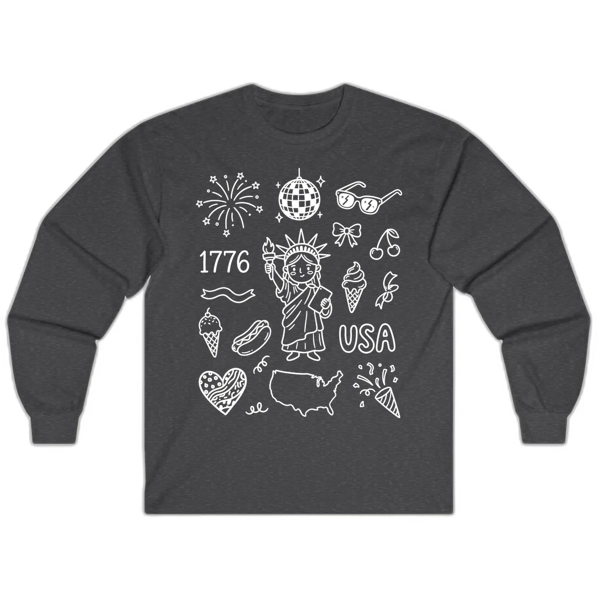 Patriotic Celebration Doodles with Lady Liberty Long Sleeve in Dark Heather