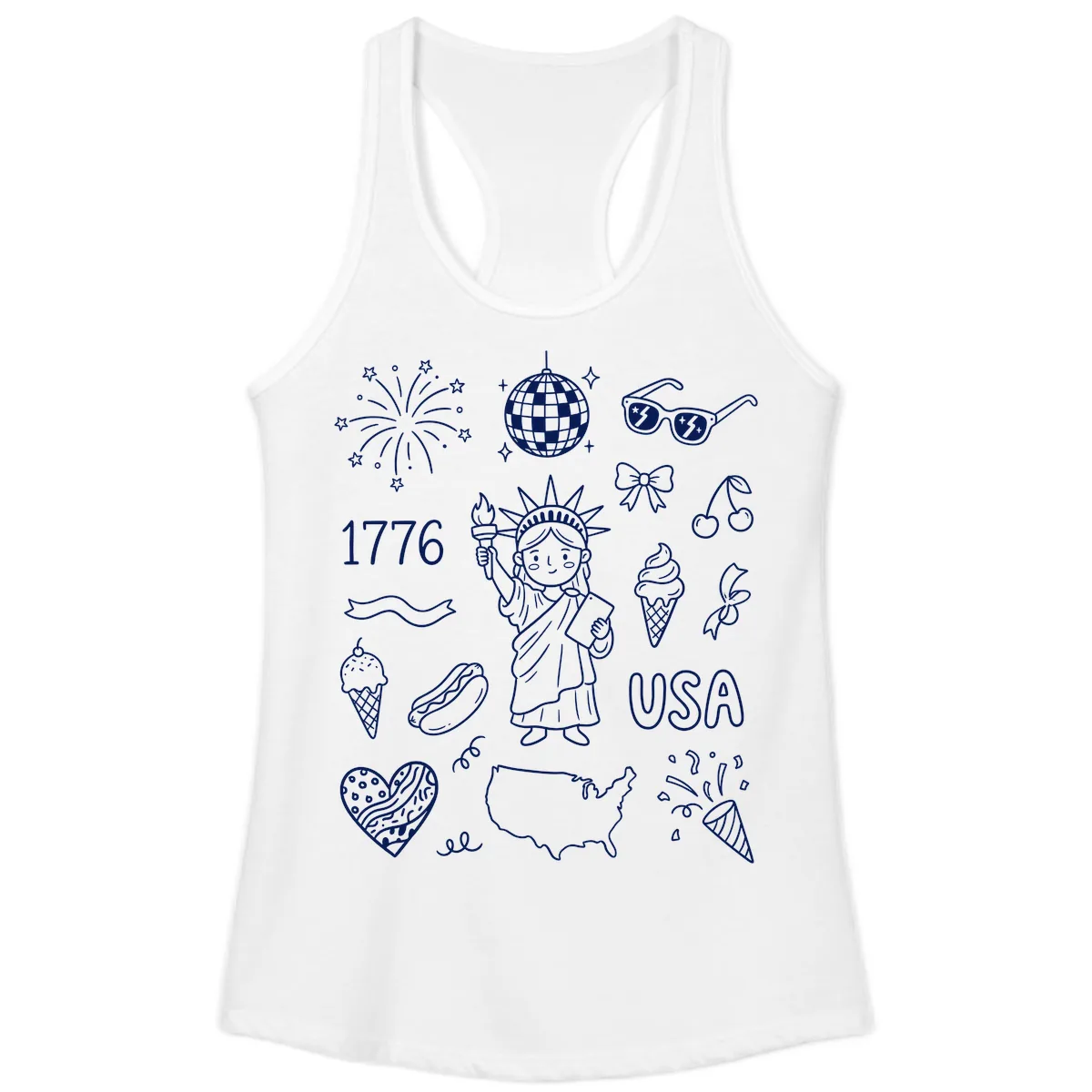 Patriotic Celebration Doodles with Lady Liberty Ladies Tank in White