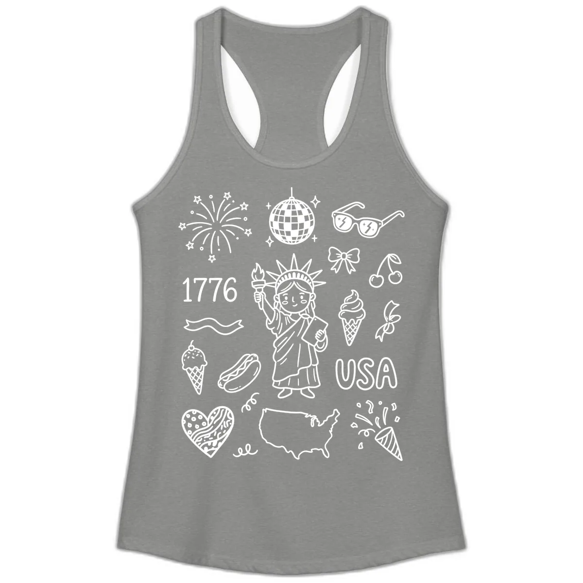 Patriotic Celebration Doodles with Lady Liberty Ladies Tank in Heather Grey