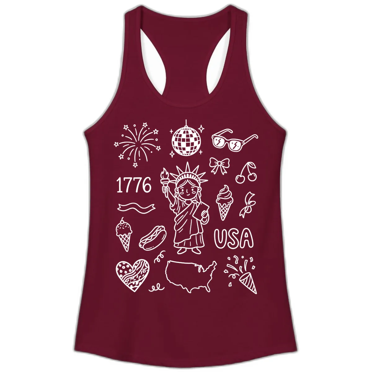 Patriotic Celebration Doodles with Lady Liberty Ladies Tank in Solid Cardinal Red