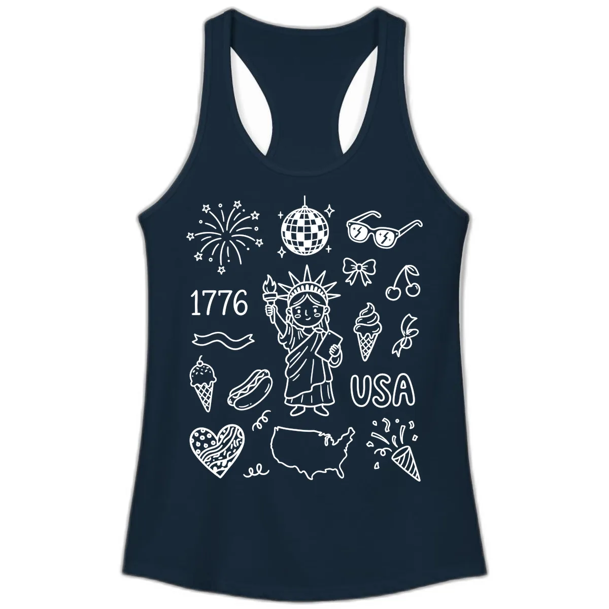 Patriotic Celebration Doodles with Lady Liberty Ladies Tank in Solid Midnight Navy