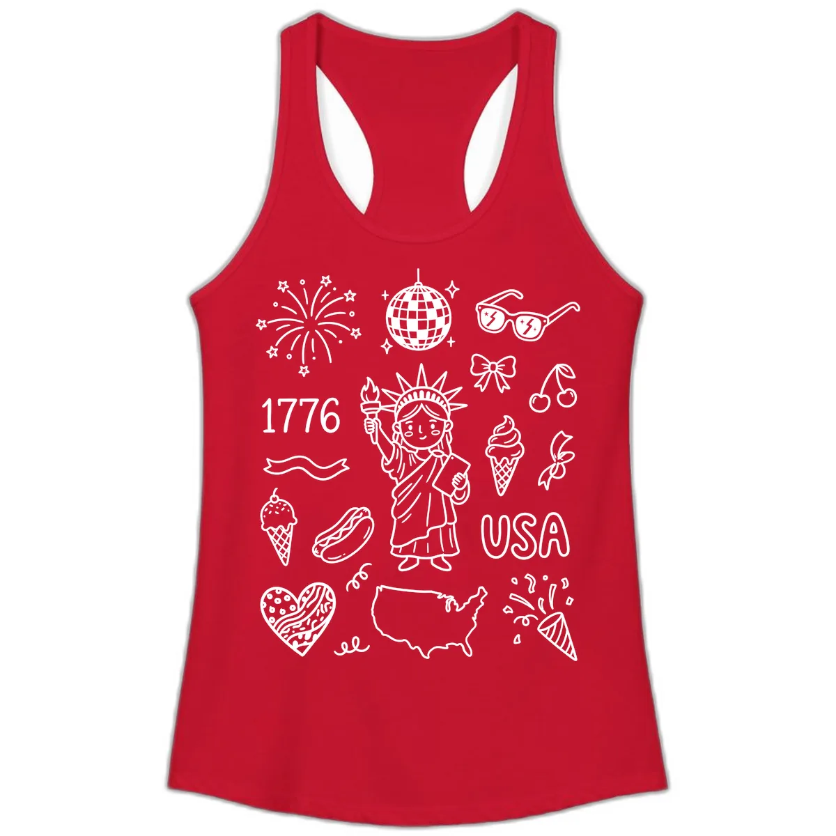 Patriotic Celebration Doodles with Lady Liberty Ladies Tank in Solid Red