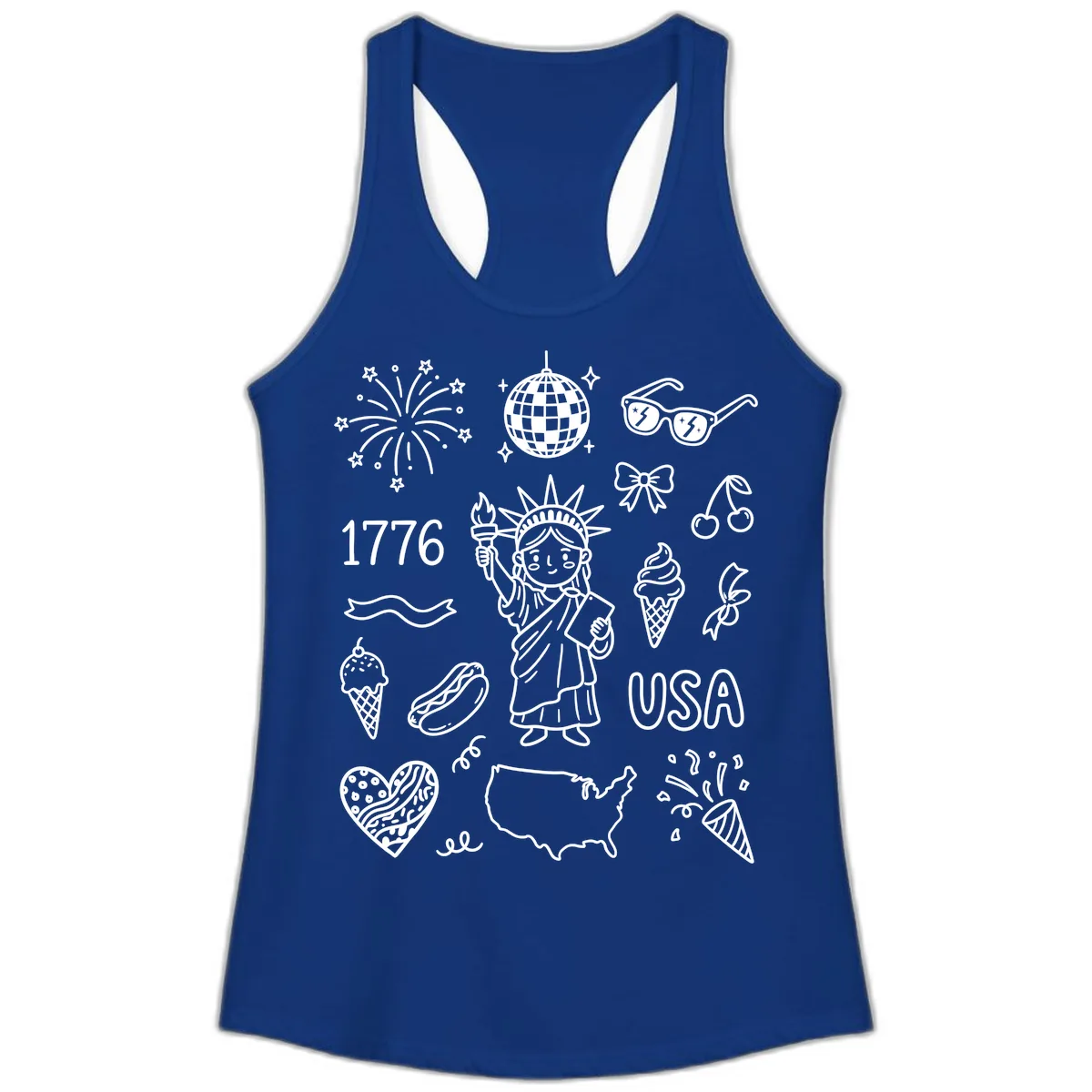 Patriotic Celebration Doodles with Lady Liberty Ladies Tank in Solid Royal
