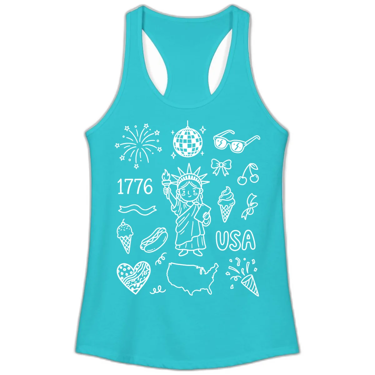 Patriotic Celebration Doodles with Lady Liberty Ladies Tank in Solid Tahiti Blue