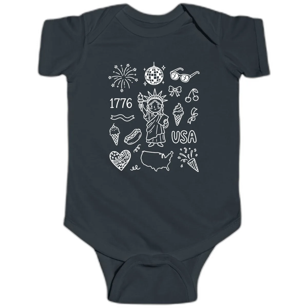 Patriotic Celebration Doodles with Lady Liberty Baby Onesie in Black