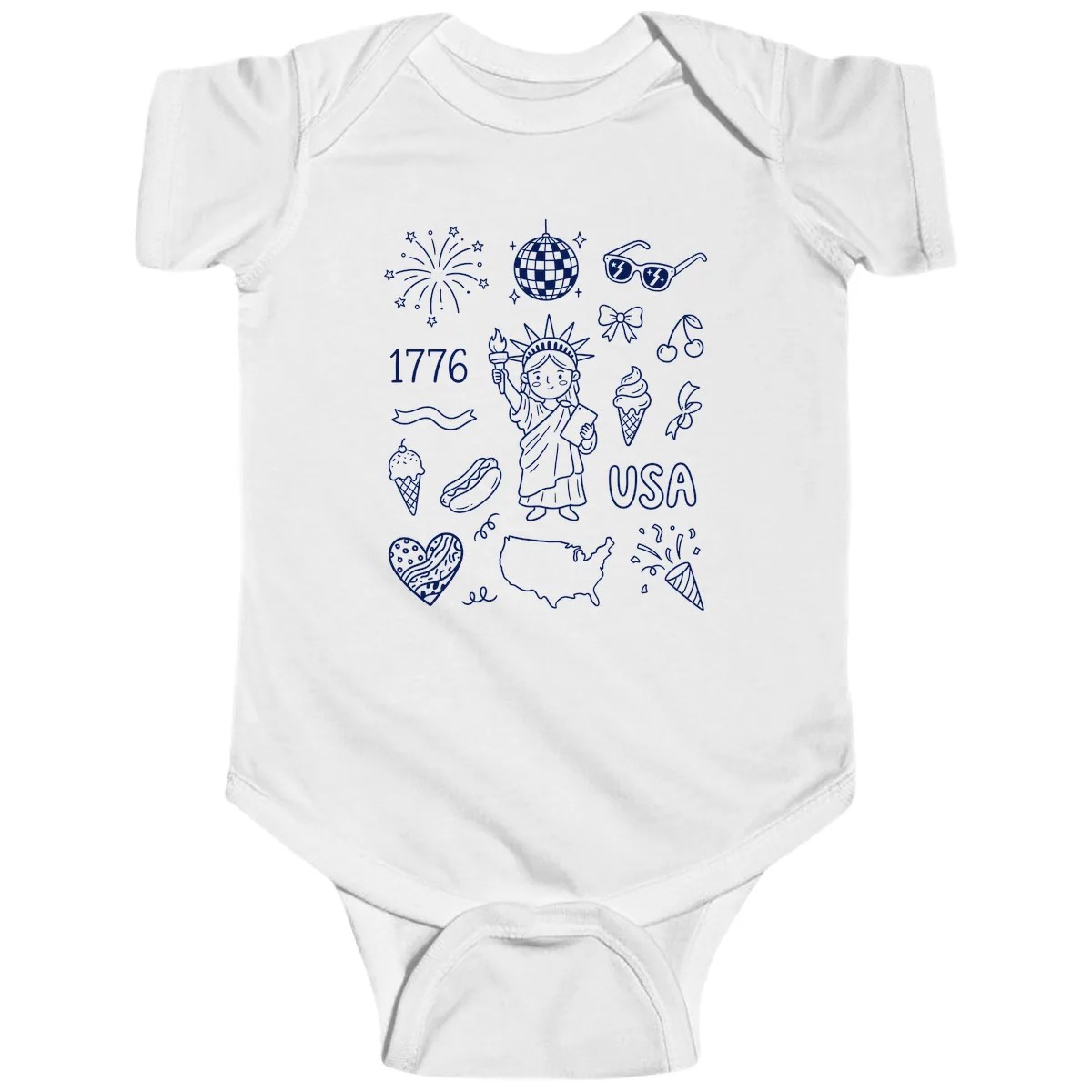 Patriotic Celebration Doodles with Lady Liberty Baby Onesie in White