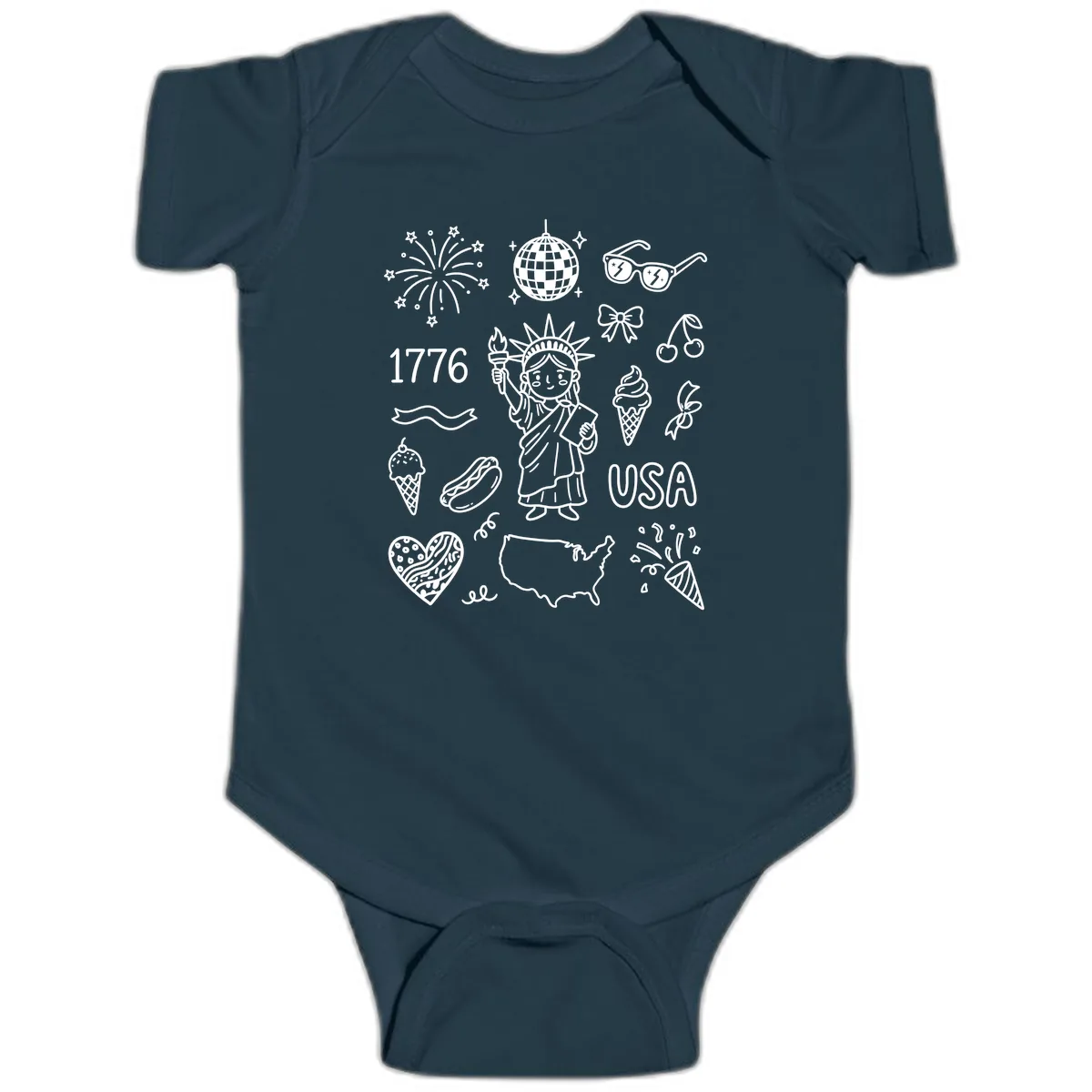 Patriotic Celebration Doodles with Lady Liberty Baby Onesie in Navy