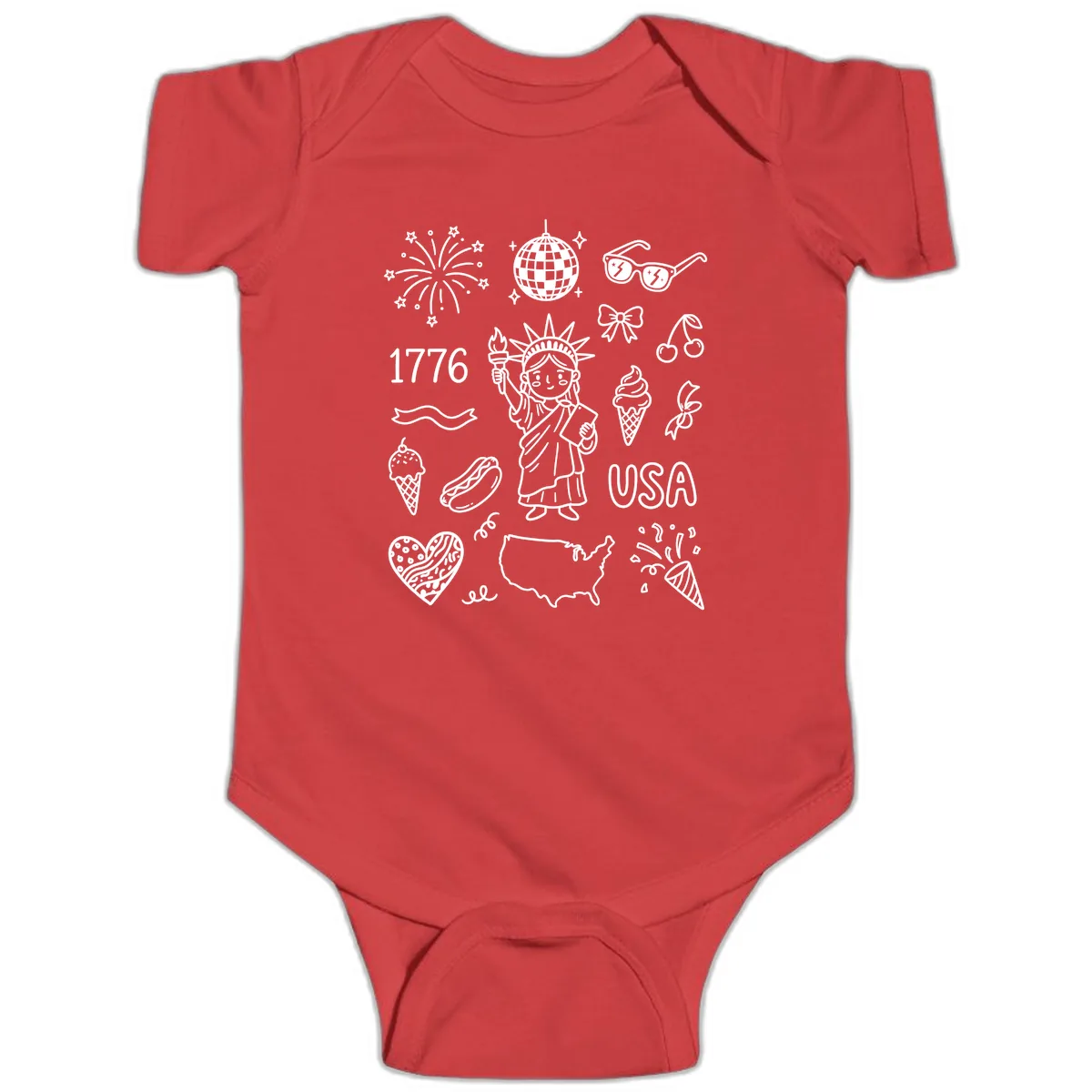 Patriotic Celebration Doodles with Lady Liberty Baby Onesie in Red