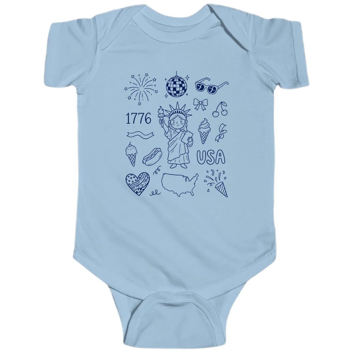 Patriotic Celebration Doodles with Lady Liberty Baby Onesie in Light Blue
