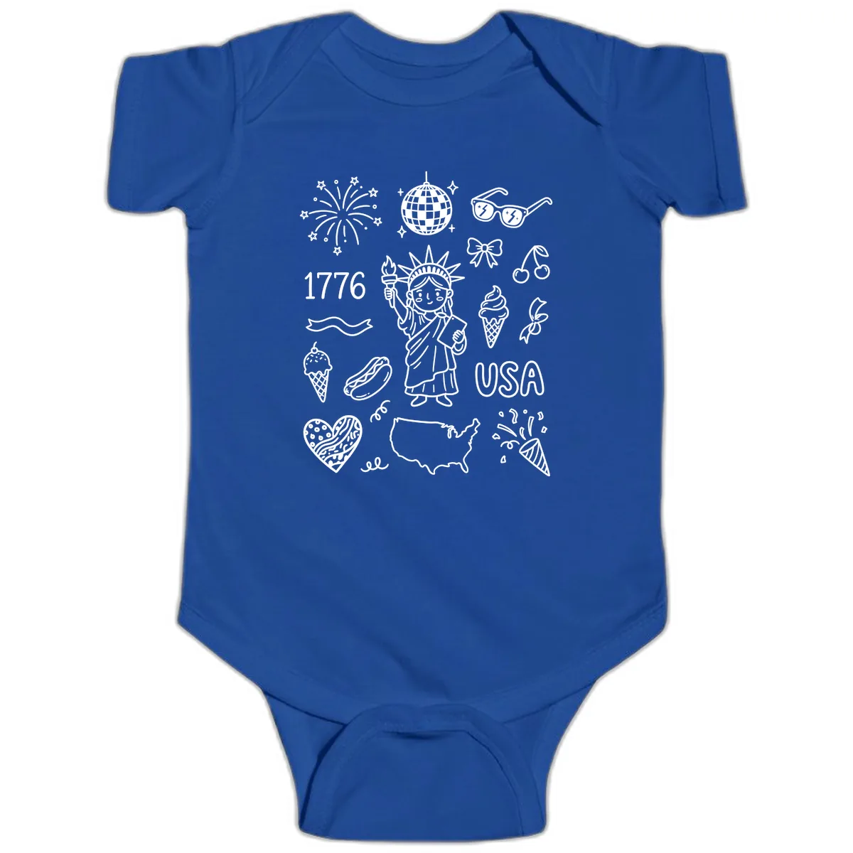 Patriotic Celebration Doodles with Lady Liberty Baby Onesie in Royal