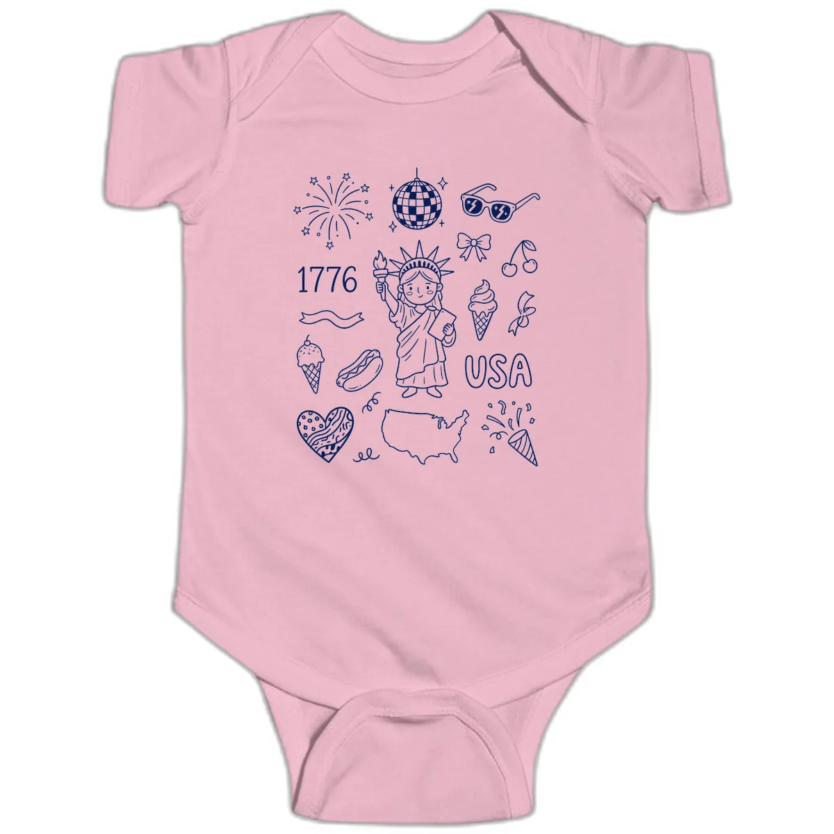 Patriotic Celebration Doodles with Lady Liberty Baby Onesie in Pink