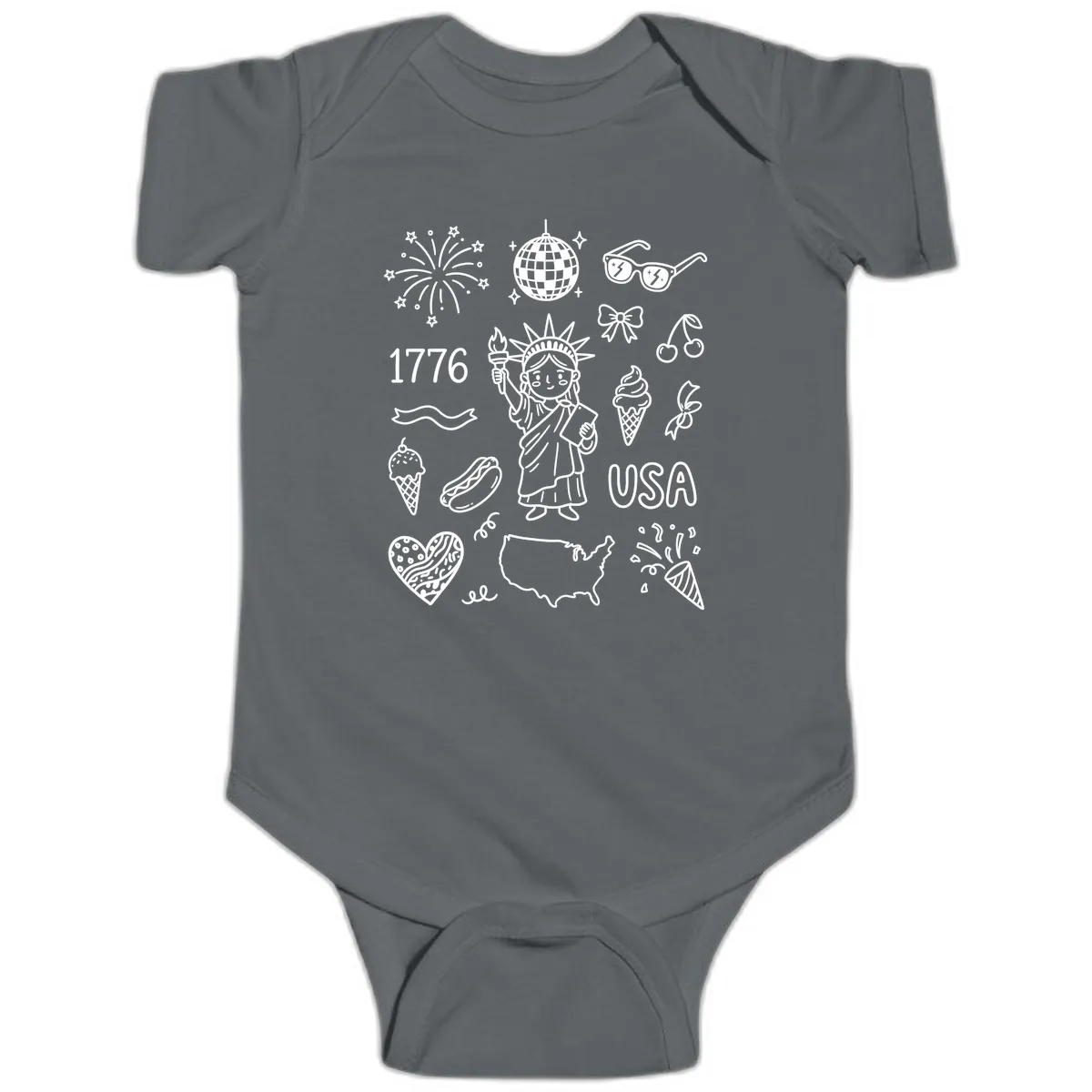 Patriotic Celebration Doodles with Lady Liberty Baby Onesie in Charcoal