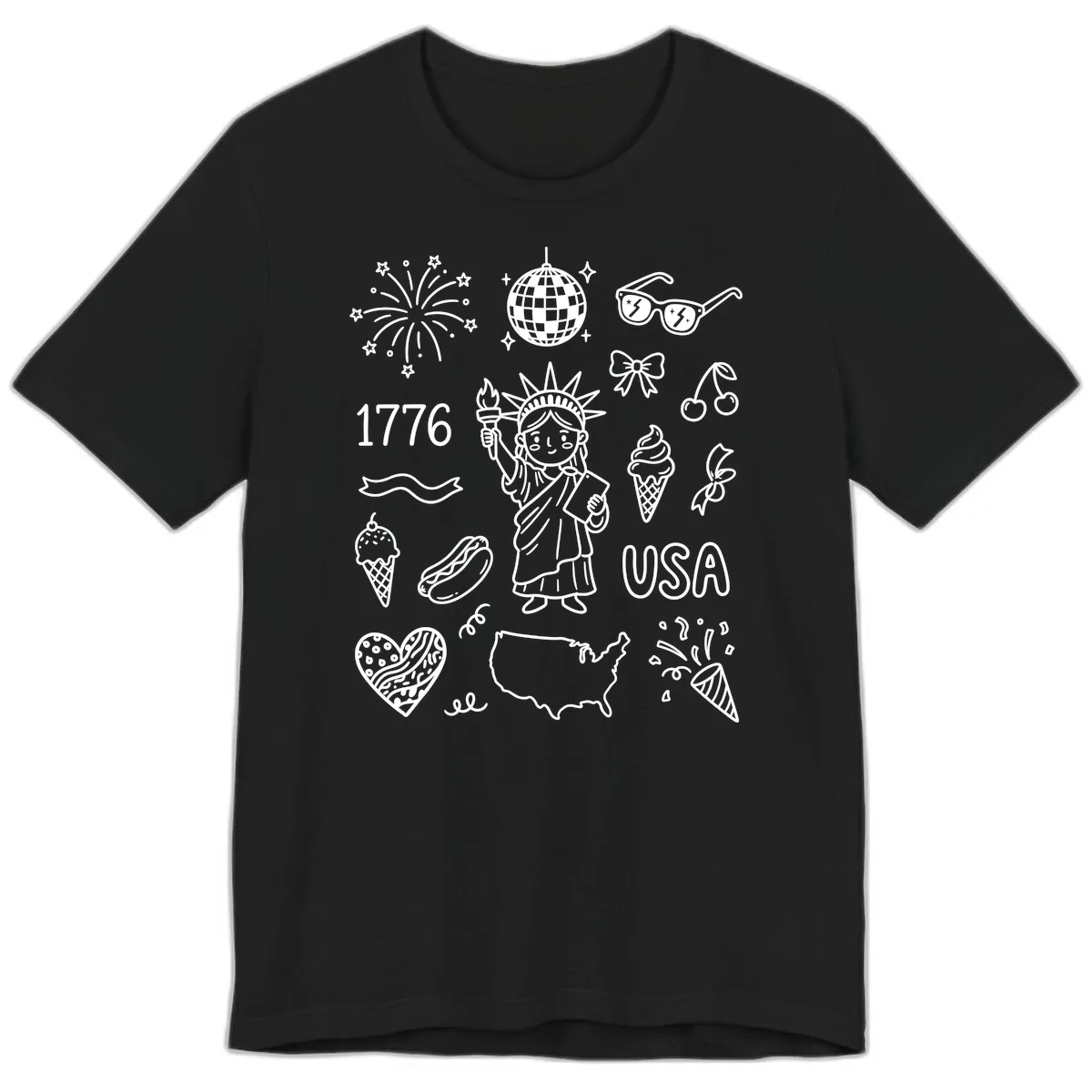 Patriotic Celebration Doodles with Lady Liberty Premium T-Shirt in Black