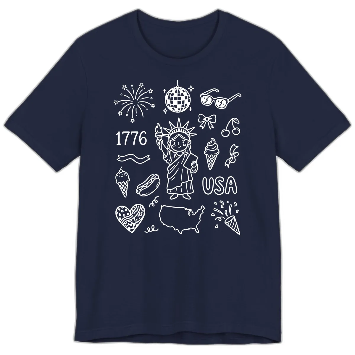 Patriotic Celebration Doodles with Lady Liberty Premium T-Shirt in Navy
